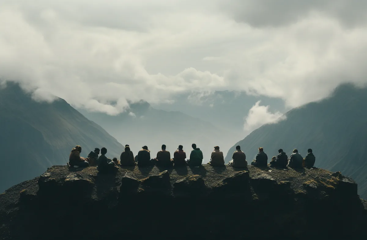 Grupo sentado junto en la cima mirando el mismo horizonte: reuniones que deciden de verdad